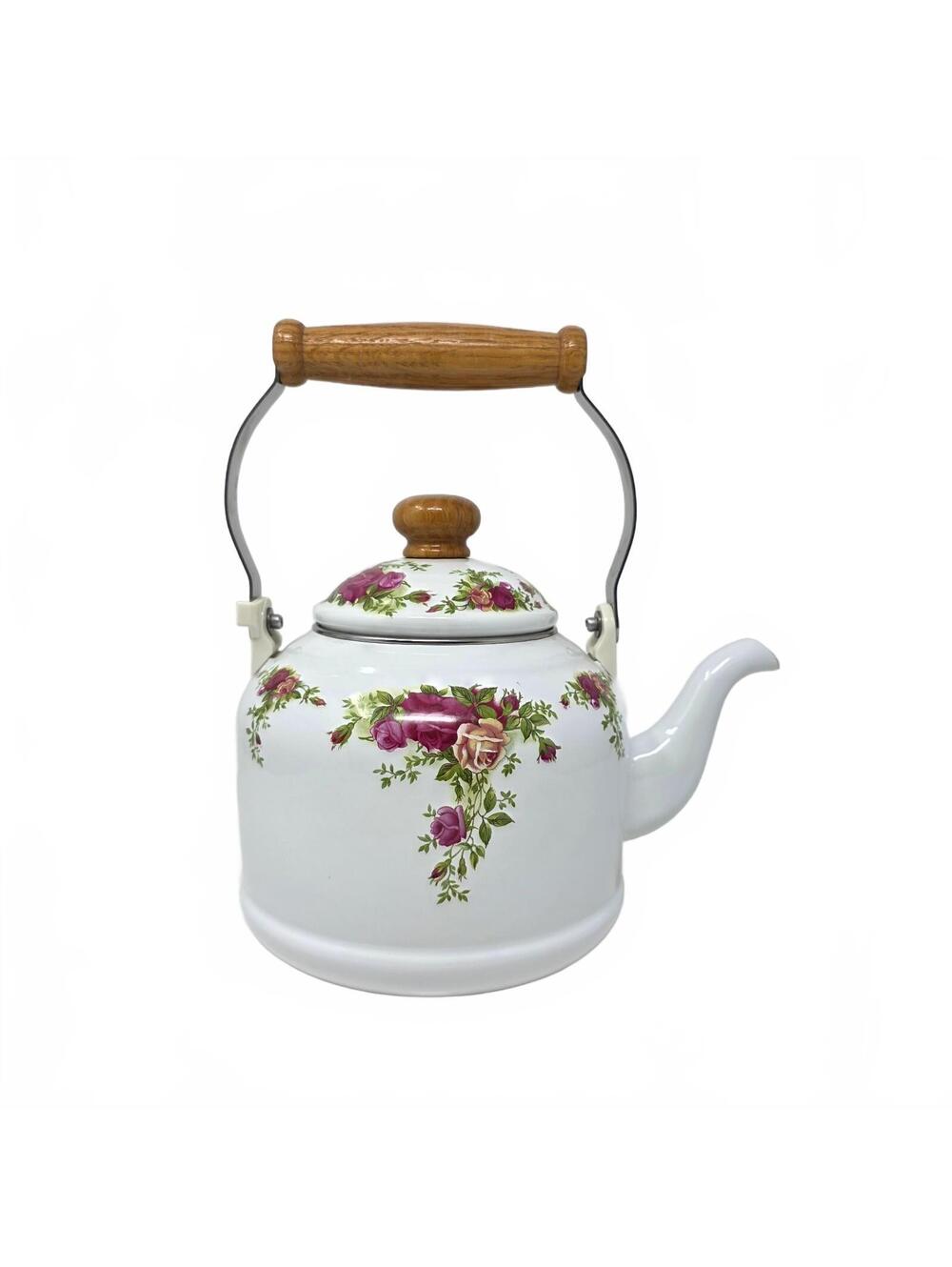 Vintage Royal Albert Old Country Roses Enamel Tea Kettle Wood Handle Floral